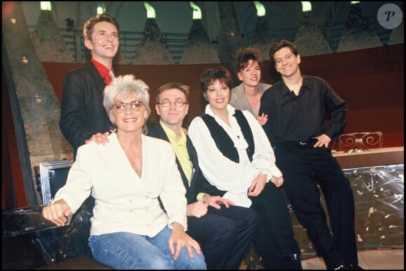 Catherine Lara, Frédéric Lebon, Laurent Ruquier, Laurence Boccolini, Virginie Lemoine, Laurent Gerra dans l'émission Rien à cirer dans Laurent Ruquier en 1995 à Paris 