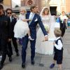 Massimo Ambrosini lors de son mariage religieux avec Paola Angelini, entouré de leurs enfants Federico et Angelica, en l'église Santa Maria Del Carmine, le 21 juin 2014