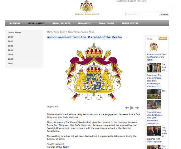 Publication sur le site officiel de la maison Royale de Suède de l'annonce des fiançailles du prince Carl Philip