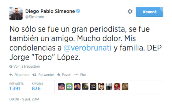 Diego Siemone rend hommage au journaliste argentin Jorge "Topo" Lopez, mort en pleine Coupe du monde au Brésil le 9 juillet 2014. 