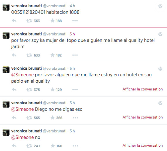 Tweets de Veronica Brunati, femme de Jorge "Topo" Lopez, lorsqu'elle apprend la mort de son mari par un message posté par Diego Simeone le 9 juillet 2014.
