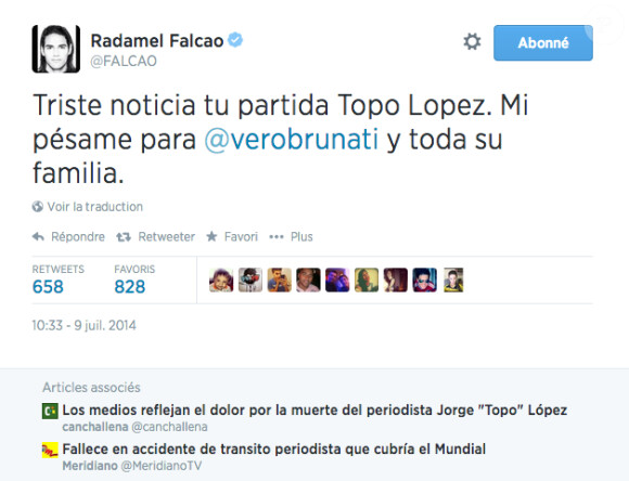 Falcao rend hommage au journaliste argentin Jorge "Topo" Lopez, mort en pleine Coupe du monde au Brésil le 9 juillet 2014. 