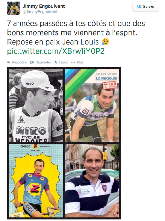 Jean-Louis Gauthier, ancien vainqueur d'étapes et maillot jaune sur le Tour de France, a été retrouvé mort à côté de son vélo le 11 juillet 2014. La disparition de cette figure très aimée de la Grande Boucle, à laquelle il avait pris part en tant que soigneur après sa retraite sportive, a ému de nombreux coureurs, comme Jimmy Engoulvent, qui a publié ce message et ce montage sur Twitter.