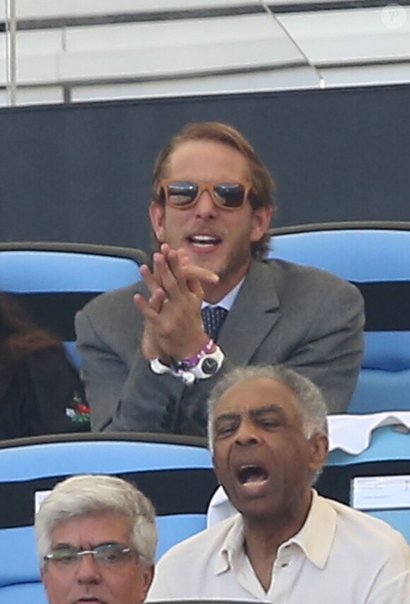 Andrea Casiraghi, très enflammé, et Tatiana Santo Domingo dans les tribunes du Maracana à Rio de Janeiro le 4 juillet 2014 lors du match France-Allemagne en quart de finale de la Coupe du monde de football.