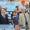 Le prince Albert de Monaco, son neveu Andrea Casiraghi et Tatiana Santo Domingo étaient dans les tribunes du Maracana à Rio de Janeiro le 4 juillet 2014 lors du match France-Allemagne en quart de finale de la Coupe du monde de football.