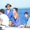 Simon Baker avec sa femme Rebecca Rigg et leurs fils Claude Blue et Harry Friday profitent de leurs vacances sur un yacht à Saint-Tropez, le 11 juillet 2014.