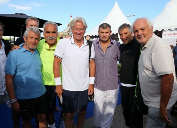 Michel Boujenah, Mansour Bahrami, Björn Borg, Nagui et Christian Bîmes lors de la 4ème édition du Classic Tennis Tour à Saint-Tropez, le 12 juillet 2014.