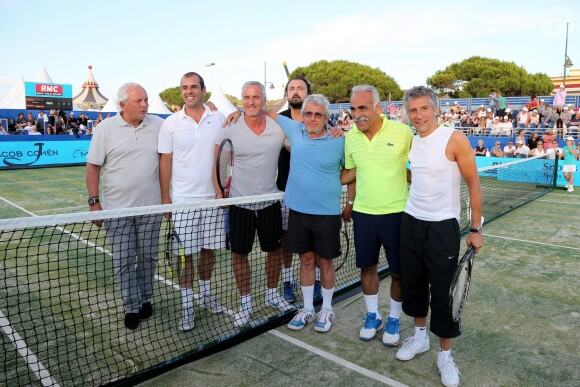 Christian Bîmes, Cédric Pioline, David Ginola, Michel Boujenah, Henri Leconte, Mansour Barhami et Nagui lors de la 4ème édition du Classic Tennis Tour à Saint-Tropez, le 12 juillet 2014.