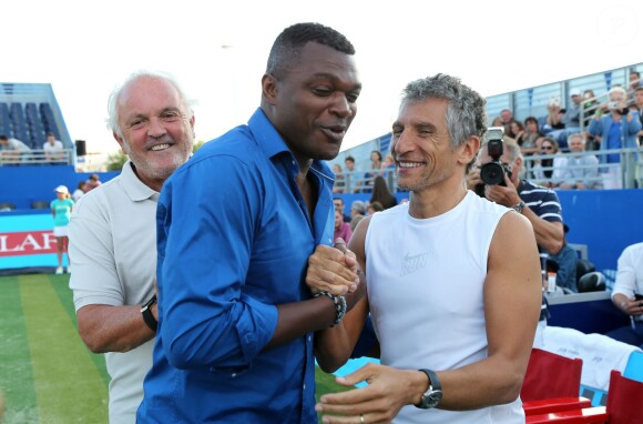 Christian Bîmes, Marcel Desailly et Nagui lors de la 4ème édition du Classic Tennis Tour à Saint-Tropez, le 12 juillet 2014.