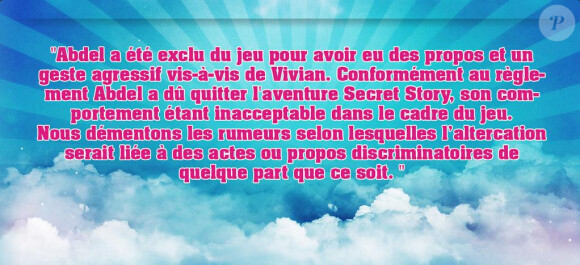Communiqué officiel de TF1, diffusé sur le compte Twitter officiel de Secret Story 8, ce mercredi 23 juillet 2014.