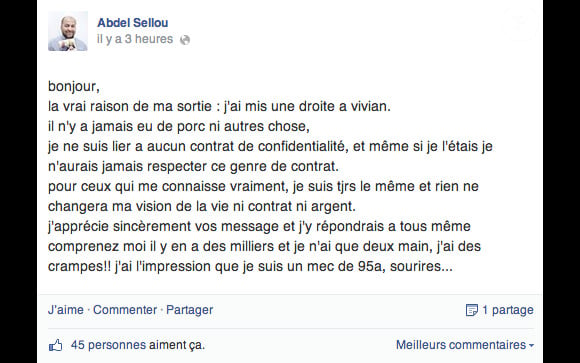 Le message d'Abdel Sellou (Secret Story 8) sur Facebook, le 24 juillet 2014