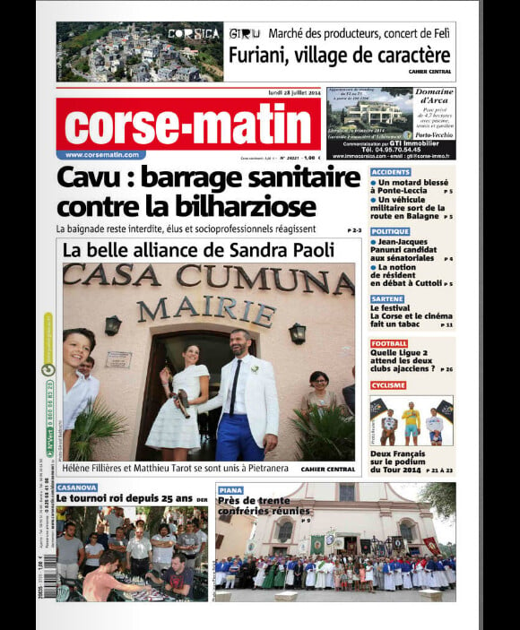 Le mariage d'Hélène Filllières et Matthieu Tarot fait la une de Corse-Matin, lundi 28 juillet 2014.