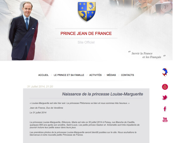 Le prince Jean d'Orléans a annoncé le 31 juillet 2014 sur son site officiel la naissance, la veille, de la princesse Louise-Marguerite, son troisième enfant avec la princesse Philomena.