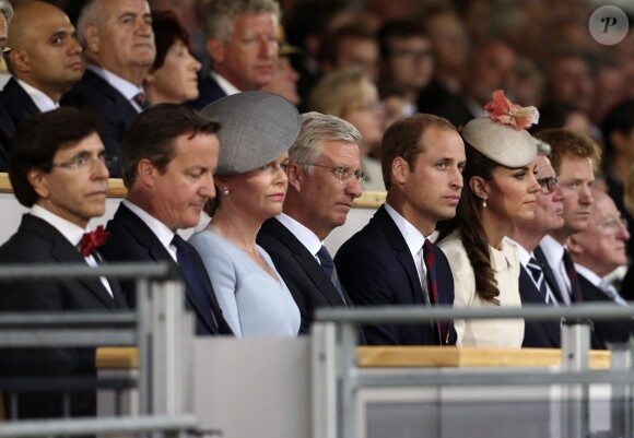(left to right) Belgium's outgoing Prime Minister Elio Di Rupo, Britain's Prime Minister David Cameron, Belgium's Queen Mathilde and King Philippe, The Duke of Cambridge, the Duchess of Cambridge and Prince Harry attend a ceremony at St. Symphorien Military Cemetery in Mons Belgium on August 4, 2014. Dignitaries attended ceremonies to commemorate the 100th anniversary of the outbreak of World War I (WWI). Photo by Francois Lenoir/PA Photos/ABACAPRESS.COM05/08/2014 - Mons