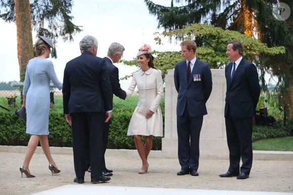 The Duchess of Cambridge (center) Prince Harry (2nd right) and David Cameron (right) at a ceremony, commemorating the 100th anniversary of the start of the First World War at St Symphorien Military Cemetery in Mons, Belgium on August 4, 2014. Photo by Gareth Fuller/PA Wire/ABACAPRESS.COM05/08/2014 - Mons