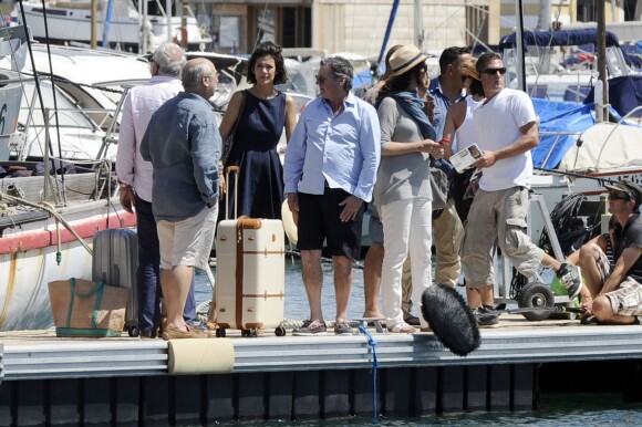 Exclusif - Gérard Jugnot, Francois Berléand, Mélanie Doutey, Daniel Auteuil et Zabou Breitman - Tournage du film "Entre amis" sur le Vieux Port de Marseille, le 22 juillet 2014.