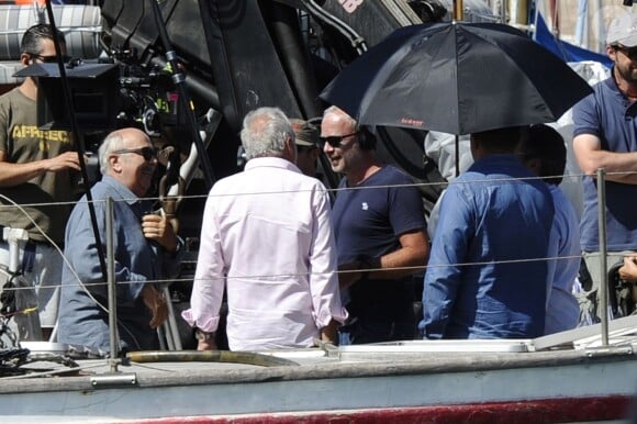 Exclusif - Gérard Jugnot, François Berléand et Olivier Baroux - Tournage du film "Entre amis" sur le Vieux Port de Marseille, le 22 juillet 2014.