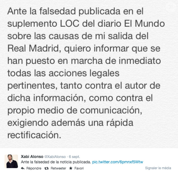 Xabi Alonso dément avoir trompé sa femme sur Twitter le 6 septembre 2014.