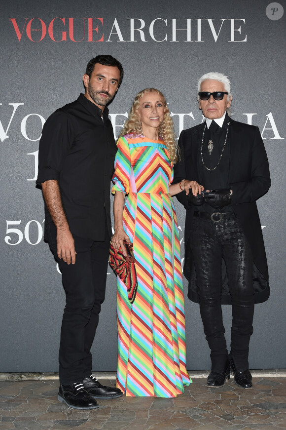 Riccardo Tisci, Franca Sozzani, Karl Lagerfeld - Photocall de la soirée "Vogue 50 Archive" à Milan. Le 21 septembre 2014 