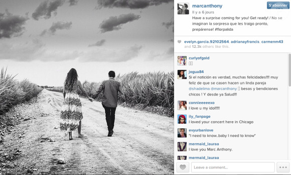 Marc Anthony évoque une "surprise" avec Shannon de Lima sur Instagram - septembre 2014.