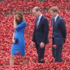 La duchesse Catherine de Cambridge avec les princes William et Harry à la Tour de Londres dans le cadre des commémorations du centenaire de la Première Guerre mondiale, le 5 août 2014. Sa dernière apparition officielle avant l'annonce, le 8 septembre, de sa grossesse et de son état de santé délicat.