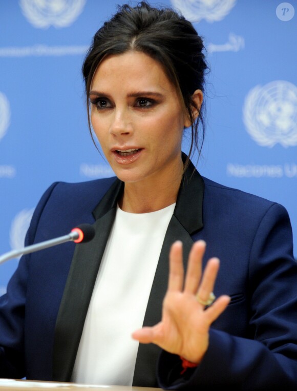 Victoria Beckham en conférence de presse au siège des Nations Unies. New York, le 25 septembre 2014.