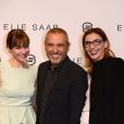 Marie-Josée Croze, Elie Saab et Clotilde Courau dans les coulisses du défilé Elie Saab prêt-à-porter printemps-été 2015 à l'Espace Éphémère du jardin des Tuileries. Paris, le 29 septembre 2014.