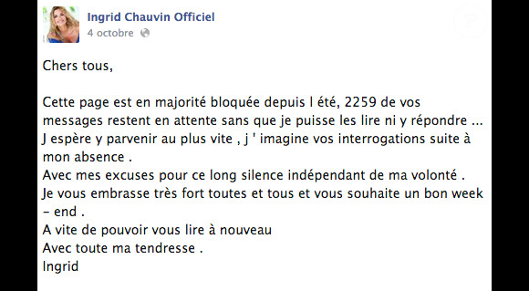Le message d'Ingrid Chauvin, le 4 octobre 2014, sur Facebook 