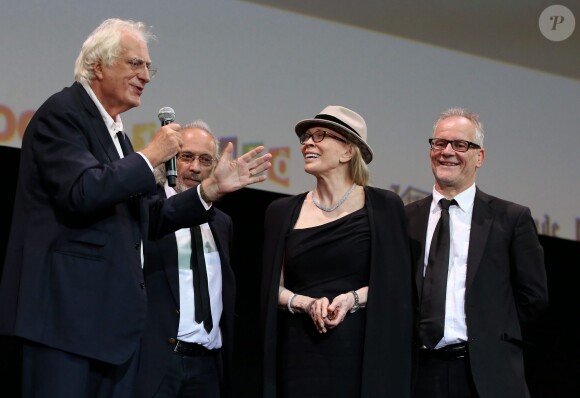 Thierry Frémaux, Faye Dunaway et Bertrand Tavernier lors de la soirée d'ouverture du 6e Festival Lumière à Lyon, le 13 octobre 2014.