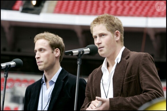 Le prince William et le prince Harryau stade de Wembley lors du concert hommage à Lady Di au 10e anniversaire de sa mort, en juillet 2007.