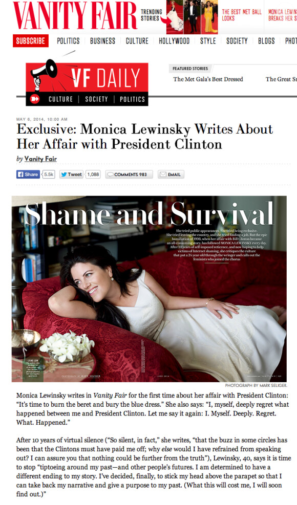 Capture d'écran du site de Vanity Fair qui dévoile des extraits de son interview avec Monica Lewinsky - mai 2014