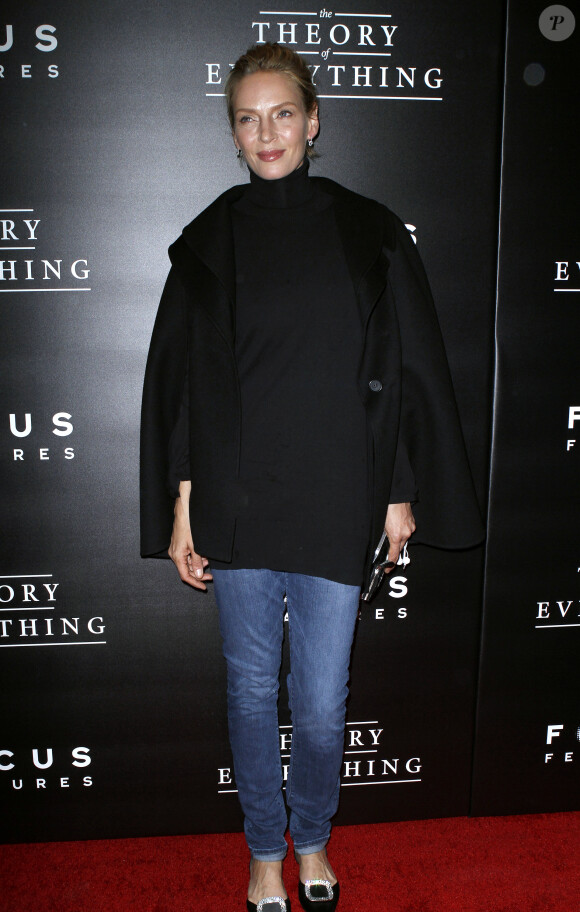 Uma Thurman à l'avant-première du film Une merveilleuse histoire du temps, au musée d'art moderne de New York, le 20 octobre 2014.