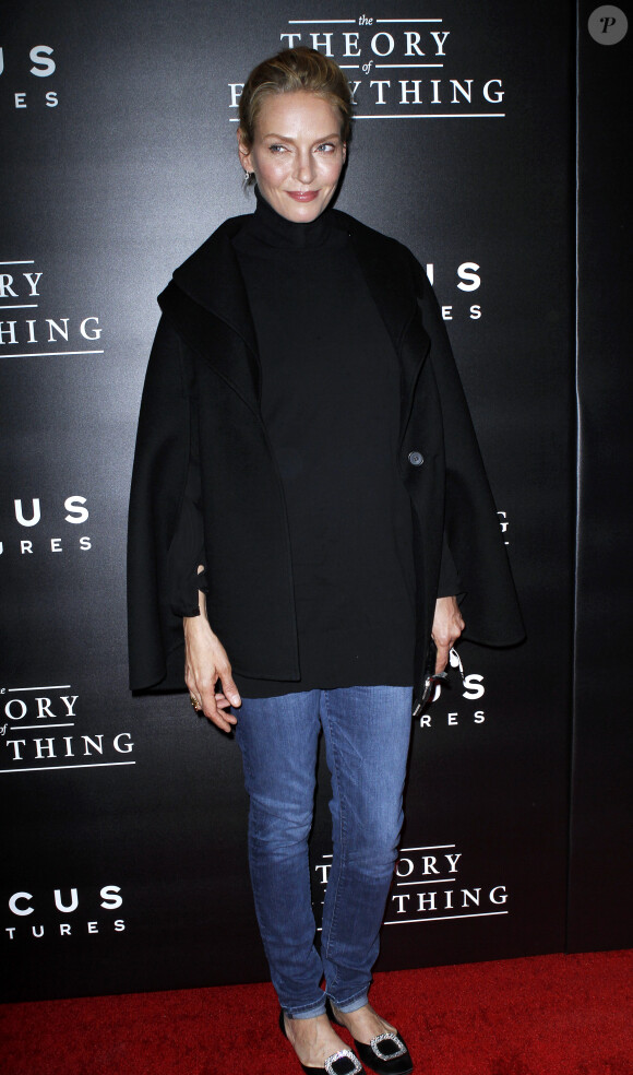 Uma Thurman à l'avant-première du film Une merveilleuse histoire du temps, au musée d'art moderne de New York, le 20 octobre 2014.