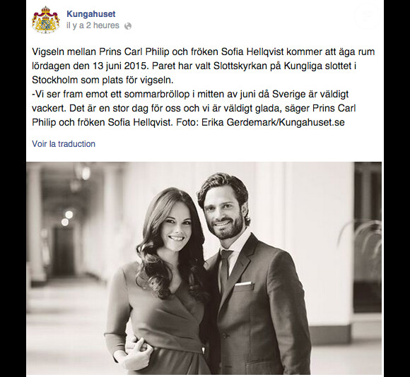 Le prince Carl Philip de Suède et Sofia Hellqvist célébreront leur mariage le 13 juin 2015 dans la chapelle royale, au palais Drottningholm, à Stockholm, a annoncé la cour suédoise le 23 octobre 2014.