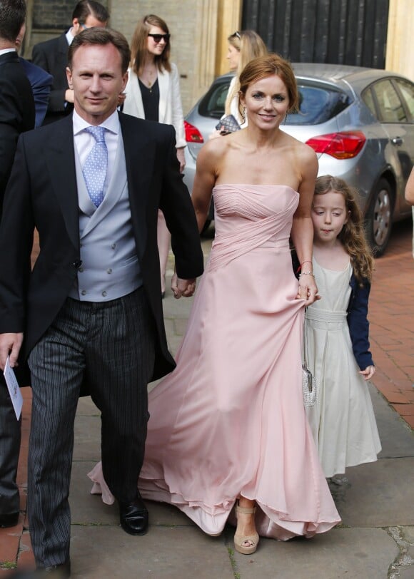 Geri Halliwell en compagnie de sa fille Bluebell et de son nouvel amoureux Christian Horner lors du mariage de Poppy Delevingne à Londres, le 17 mai 2014.