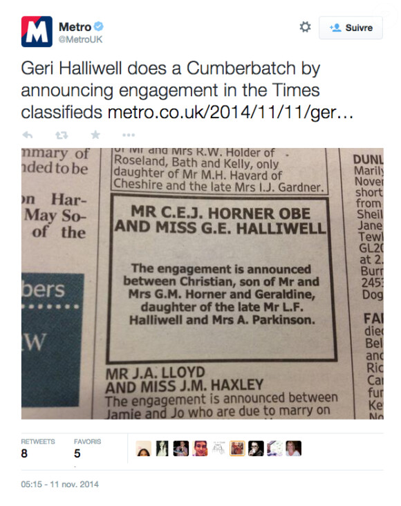 Le faire-part annonçant le mariage entre Geri Halliwell et Christian Horner le 11 novembre 2014 dans le journal The Times.