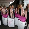 Semi-Exclusif - Margaux Savarit (Miss Ile de France 2014), Ingreed Mercredi (Miss Réunion 2014), Hinarere Taputu (Miss Tahiti 2014), Camille Cerf (Miss Nord Pas-de-Calais 2014) et Charlotte Pirroni (Miss Côte d'Azur 2014) au départ de l'aéroport de Paris-Charles-de-Gaulle à destination de Punta Cana, le 14 novembre 2014.