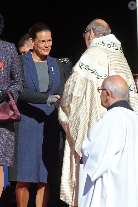 La princesse Stéphanie de Monaco à la sortie de la cathédrale de Monaco après la messe d'action de grâce célébrée par Monseigneur Barsi pour la Fête nationale, le 19 novembre 2014
