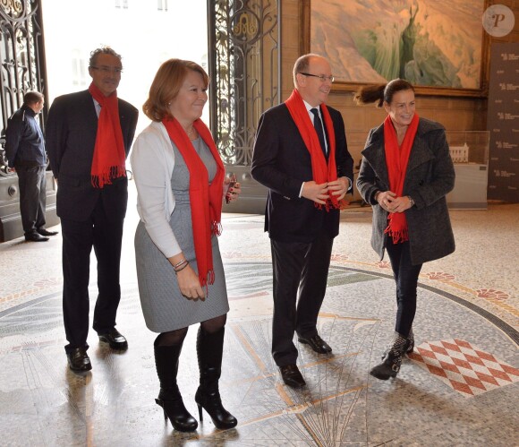 La princesse Stéphanie et le prince Albert II de Monaco participent au déploiement des "Courtepointes" en mémoire des victimes du SIDA, au Musée de l'Océanographie à Monaco, le 28 novembre 2014. L'opération « Courtepointes » (quatrième édition), est un travail artistique sur toile, individuel et collectif qui rend hommage aux personnes disparues du Sida. Cette démarche de mémoire a été initiée en 1987 par la fondation « Names Project Aids Memorial Quilt » afin d’illustrer les ravages que provoquaient cette maladie. Chaque courtepointe comprend huit toiles cousues entre elles, sur une surface de 4m x 4m ; elles portent toutes le nom d’une personne disparue et ont toutes été réalisées par des personnes de FAM, la plupart d’entre elles vivant avec le VIH.  President of Fight Aids Monaco and U.N. Aids Ambassador, Princess Stephanie and her brother Prince Albert II of Monaco attend 'The Courtpointes' event at Oceanographic Museum in Monaco, on November 28, 2014. This is to commemorate the lifes of persons lost to AIDS. This action was initiated since 1987 by 'Names Project Aids Memorial Quilt ' foundation. The AIDS Memorial Quilt measures approximately twelve feet square, and a typical block consists of eight individual three foot by six foot panels sewn together.28/11/2014 - Monaco