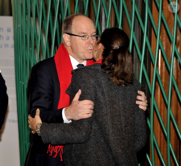 La princesse Stéphanie et le prince Albert II de Monaco participent au déploiement des "Courtepointes" en mémoire des victimes du SIDA, au Musée de l'Océanographie à Monaco, le 28 novembre 2014. L'opération « Courtepointes » (quatrième édition), est un travail artistique sur toile, individuel et collectif qui rend hommage aux personnes disparues du Sida. Cette démarche de mémoire a été initiée en 1987 par la fondation « Names Project Aids Memorial Quilt » afin d’illustrer les ravages que provoquaient cette maladie. Chaque courtepointe comprend huit toiles cousues entre elles, sur une surface de 4m x 4m ; elles portent toutes le nom d’une personne disparue et ont toutes été réalisées par des personnes de FAM, la plupart d’entre elles vivant avec le VIH.  President of Fight Aids Monaco and U.N. Aids Ambassador, Princess Stephanie and her brother Prince Albert II of Monaco attend 'The Courtpointes' event at Oceanographic Museum in Monaco, on November 28, 2014. This is to commemorate the lifes of persons lost to AIDS. This action was initiated since 1987 by 'Names Project Aids Memorial Quilt ' foundation. The AIDS Memorial Quilt measures approximately twelve feet square, and a typical block consists of eight individual three foot by six foot panels sewn together.28/11/2014 - Monaco