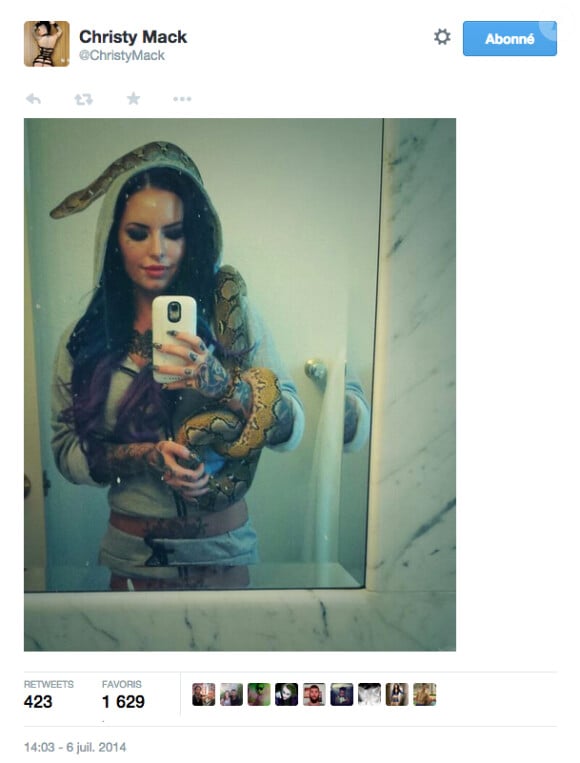 Christy Mack. Selfie avec un de ses serpents publié sur Twitter, le 6 juillet 2014.