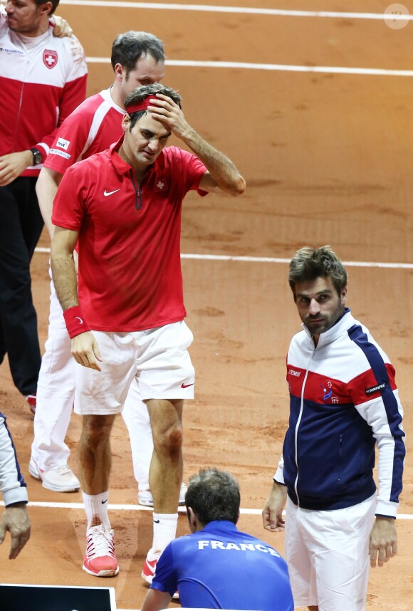 Roger Federer, Richard Gasquet et Arnaud Clément lors de la victoire de la Suisse face à la France en finale de Coupe Davis à Lille le 23 novembre 2014