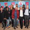 Zinédine Zidane, Sophie Thalmann, Michael Grégorio, Franck Riboud (Président de Danone), Claudia Tagbo, Louis Saha, Frédéric Bouraly, Valérie Vogt, Guy Alba (Président de ELA ), Christian Jeanpierre et Sébastien Levicq lors du "Bilan & Perspectives" du "Club des entreprises qui marchent pour ELA" au siège de Boston Consulting Group (BCG) à Paris le 1er décembre 2014