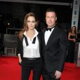 Angelina Jolie, ultrachic en smoking Saint Laurent et accompagn&eacute;e de son mari Brad Pitt aux Bafta Awards &agrave; Londres, le 16 f&eacute;vrier 2014. 