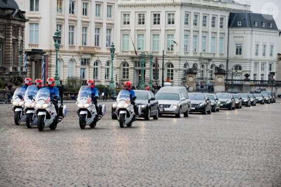 La dépouille mortelle de la Reine Fabiola de Belgique arrive au Palais Royal de Bruxelles, en la présence de la famille royale de Belgique, le 9 décembre 2014