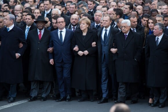 Le premier ministre d'Israël Benyamin Netanyahou, le président du Mali Ibrahim Boubacar Keïta, François Hollande, Manuel Valls, Nicolas Sarkozy, la chancellière de l'Allemagne Angela Merkel, le président du Conseil européen Donald Tusk, le président de l'Etat de Palestine Mahmoud Abbas, La reine Rania de Jordanie, le roi Abdallah II de Jordanie, Matteo Renzi - Les dirigeants politiques mondiaux défilent à la marche républicaine pour Charlie Hebdo à Paris, suite aux attentats terroristes survenus à Paris les 7, 8 et 9 janvier. Paris, le 11 janvier 2015