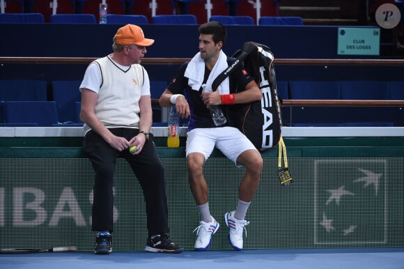 Broris Becker et Novak Djokovic à Bercy. Paris, le 25 octobre 2014.