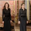Letizia d'Espagne lors de la réception du Nouvel An du corps diplomatique, au palais royal à Madrid. A gauche : en janvier 2012. A droite : en janvier 2015, dans le même robe.