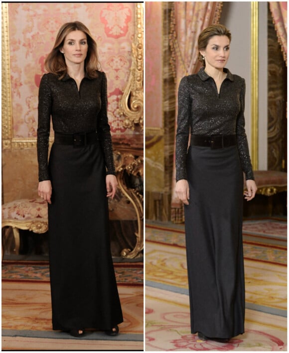 Letizia d'Espagne lors de la réception du Nouvel An du corps diplomatique, au palais royal à Madrid. A gauche : en janvier 2012. A droite : en janvier 2015, dans le même robe.