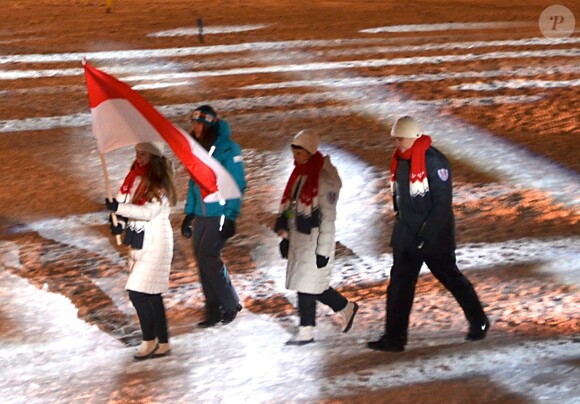 Exclusif - La princesse Alexandra de Hanovre porte-drapeau de la délégation monégasque lors de la cérémonie d'ouverture du Festival olympique de la jeunesse européenne (FOJE) d'hiver 2015 à Dornbirn, en Autriche. La fille de la princesse Caroline était en lice en patinage artistique, discipline à laquelle elle s'adonne en sport études à Annecy.
